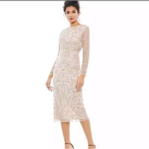 NWT Mac Duggal Beaded Tea Length Dress Sheer Sleeves Porcelain Tan sz 14 *flawed